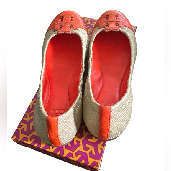 Pre owned Carita Ballet Straw and Leather Flats Size 7.5 in Fire Orange - Picture 2 of 4